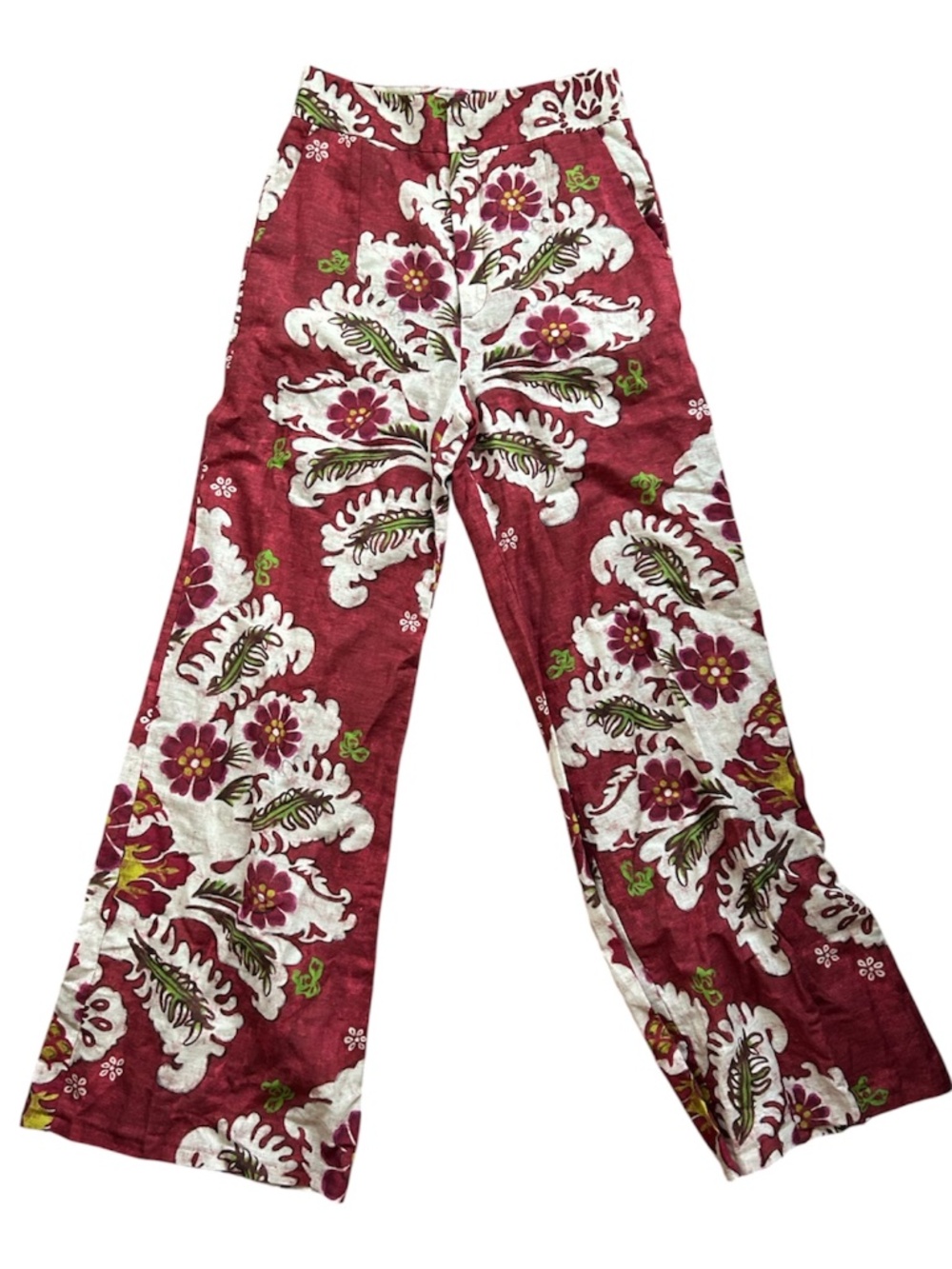Zara Wide Leg Pants in Burgundy with White & Green Floral Print fits like 4/sm